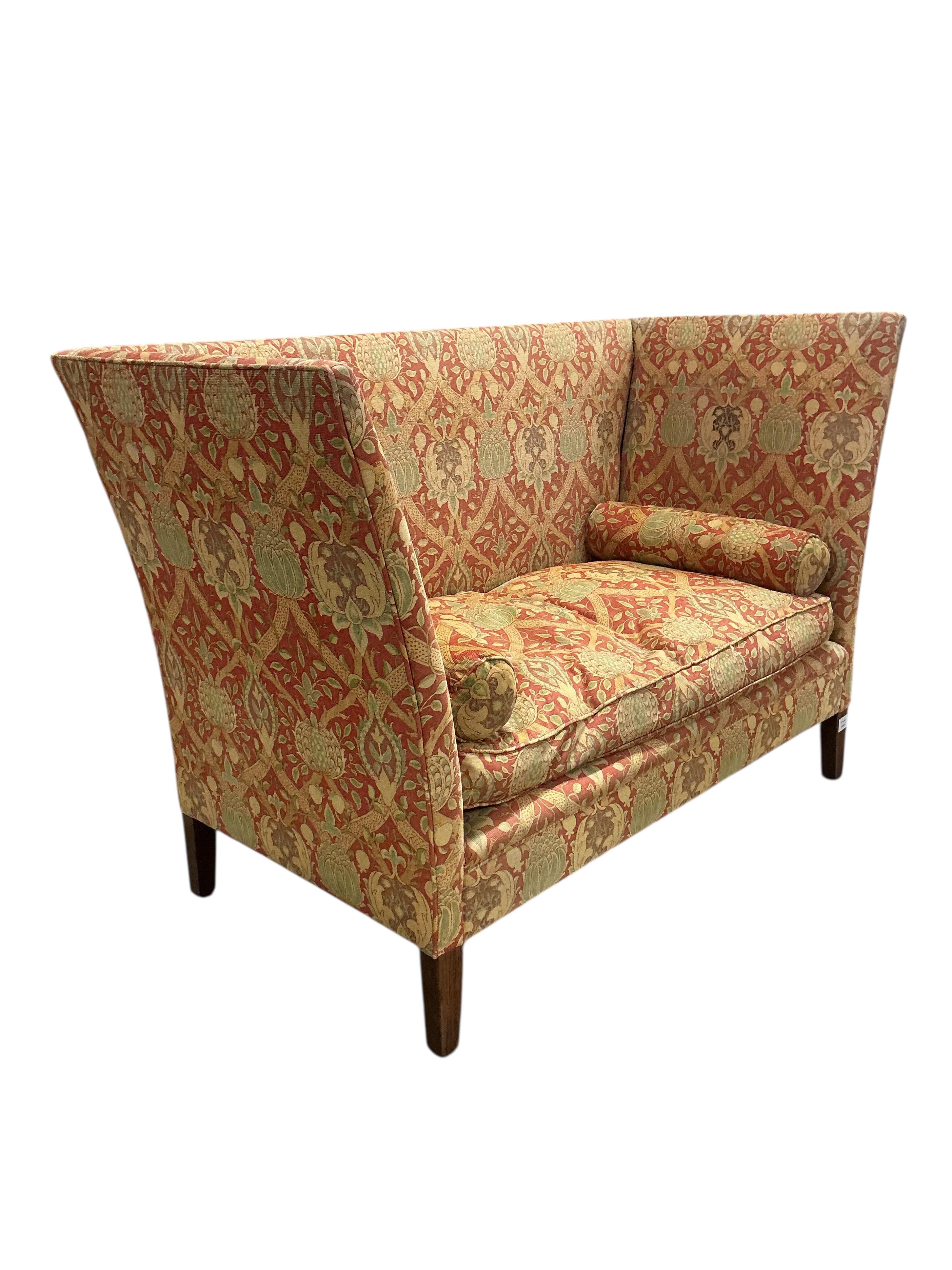 An early 20th century high back two seater settee, width 154cm, depth 72cm, height 103cm